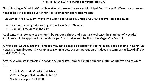 Pro Tempore Judges needed for North Las Vegas Municipal Court